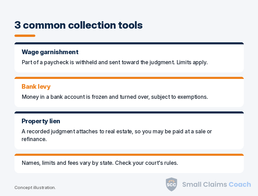 Comparison of wage garnishment, bank levy and property lien as ways to collect a small claims judgment