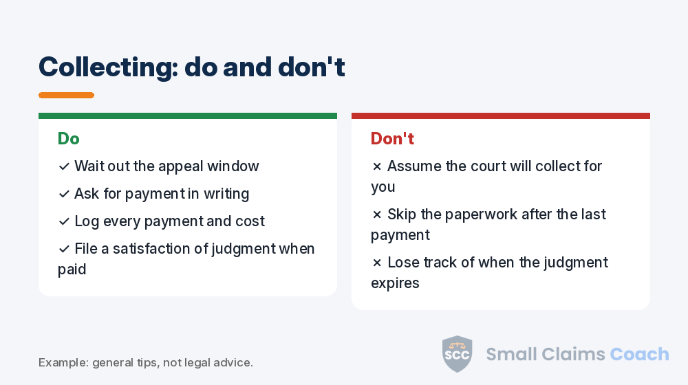 Do and don't list for collecting a small claims judgment