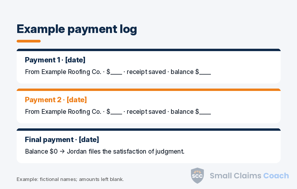Sample installment payment log worksheet with dates, blank amounts and a running balance