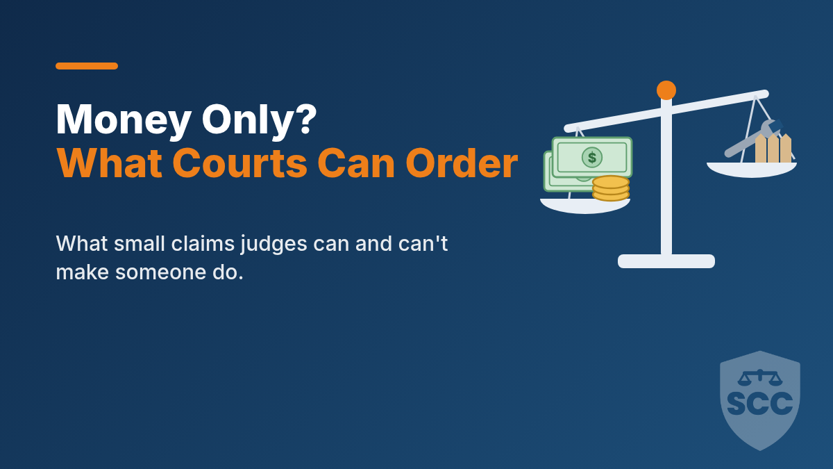 Balance scale tipping toward a stack of cash and coins, away from a wrench and fence boards, with the words Money only? What courts can order