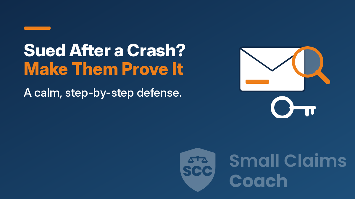 Cover: 'Sued After a Crash? Make Them Prove It' beside a court envelope, a magnifying glass and a car key