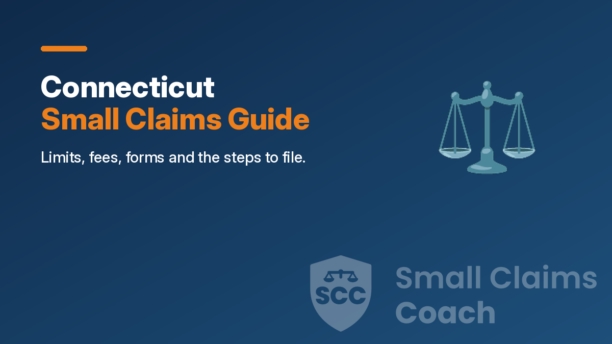 Navy cover with the title Connecticut Small Claims Guide, a scales icon and the Small Claims Coach shield