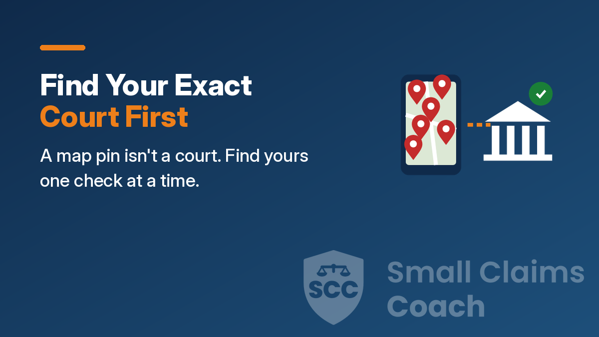 Cover illustration of a phone map full of pins with a dotted line to one courthouse with a check mark, with the words Find Your Exact Court First