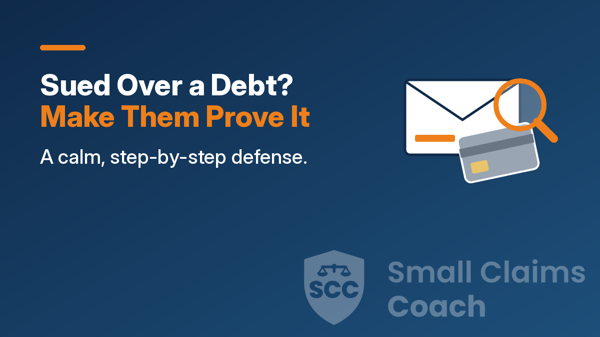 Illustration of a court envelope, an old credit card and a magnifying glass with the words Sued Over a Debt? Make Them Prove It