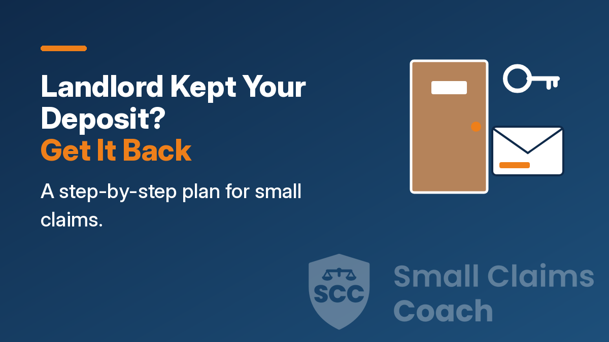 Cover: 'Landlord Kept Your Deposit? Get It Back' beside a drawn apartment door, a house key and a deposit envelope
