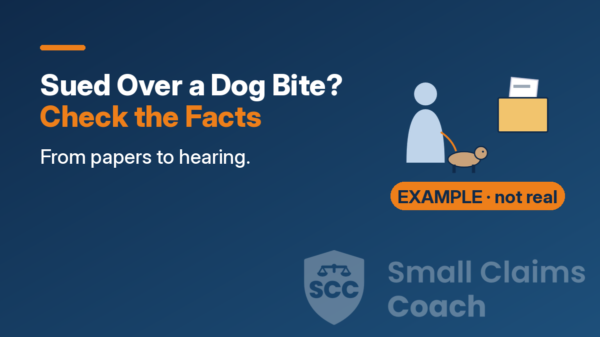 Cover: 'Sued Over a Dog Bite? Check the Facts' beside an owner holding a leashed dog next to a folder of records and court papers, marked EXAMPLE · not real