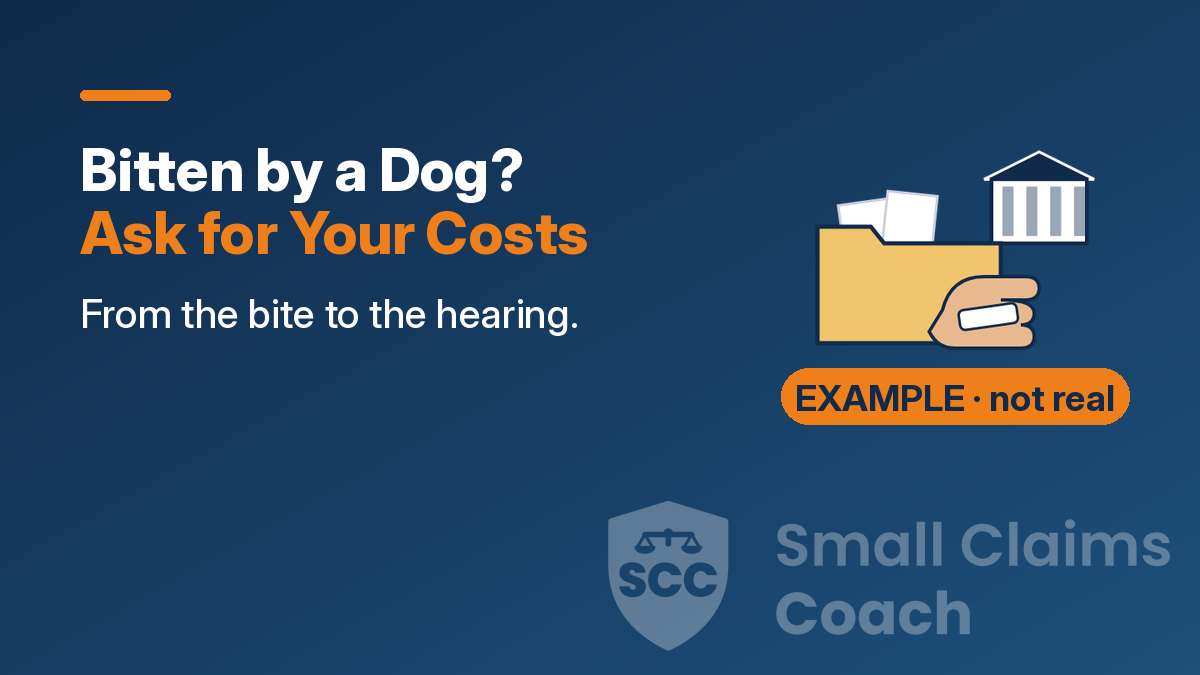 Cover: 'Bitten by a Dog? Ask for Your Costs' beside a bandaged hand holding a folder of receipts with a small courthouse behind, marked EXAMPLE · not real