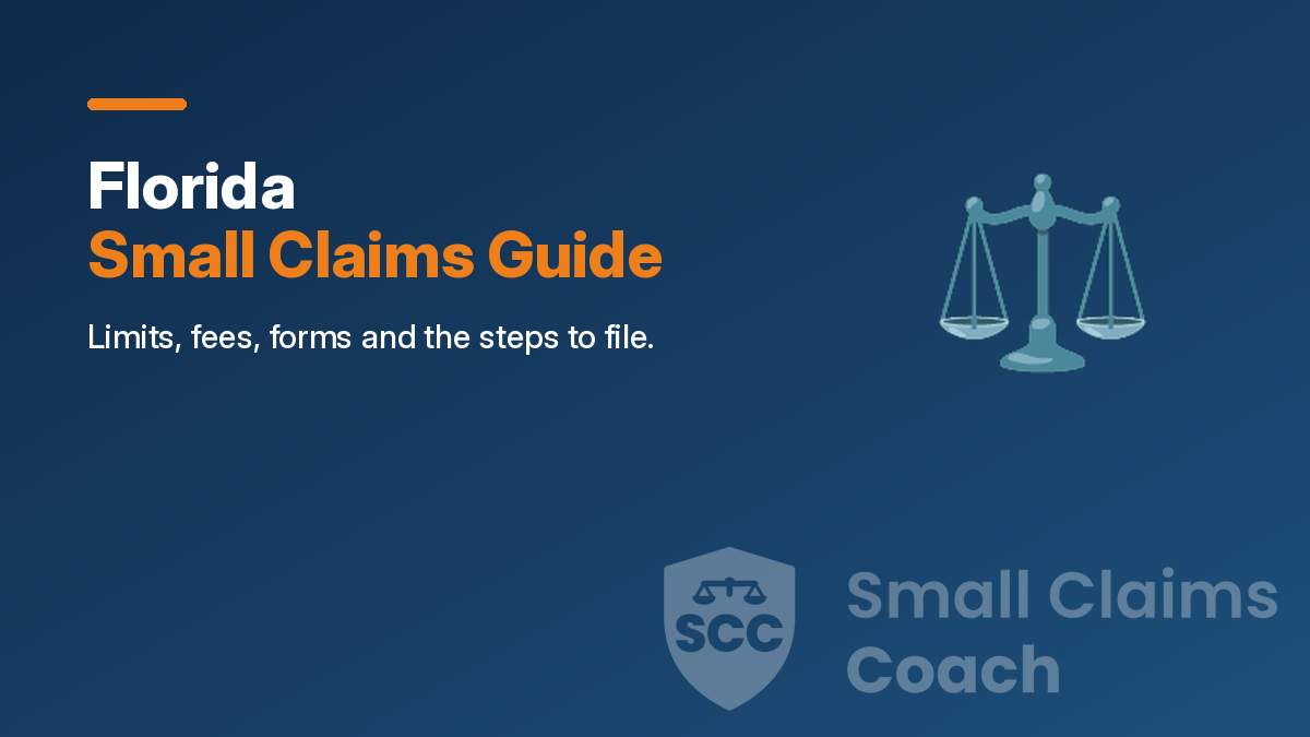 Navy cover with the title Florida Small Claims Guide, a scales icon and the Small Claims Coach shield