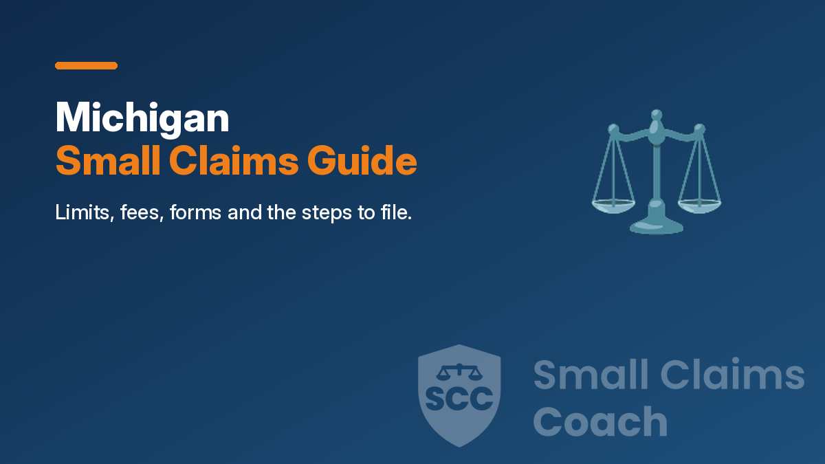 Navy cover with the title Michigan Small Claims Guide, a scales icon and the Small Claims Coach shield