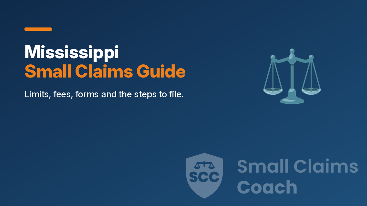 Navy cover with the title Mississippi Small Claims Guide, a scales icon and the Small Claims Coach shield