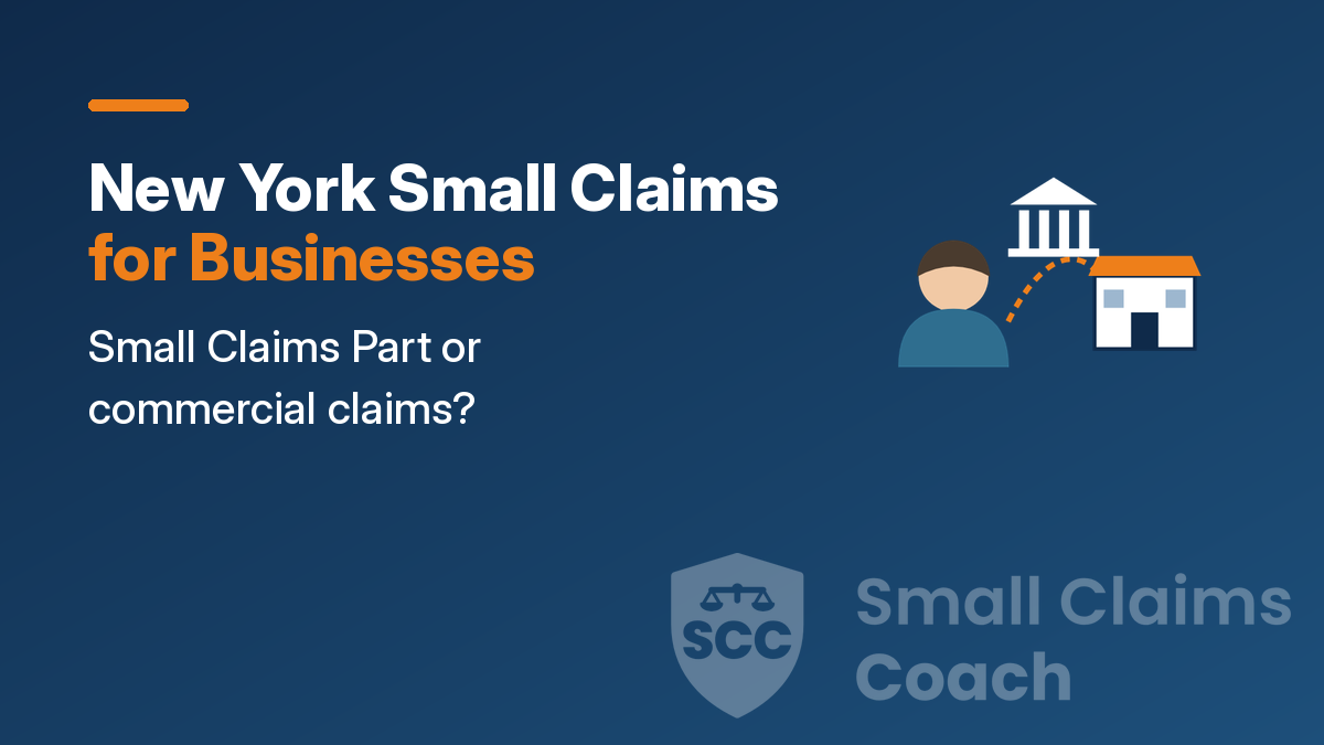 Dark blue cover titled New York Small Claims for Businesses, with a person and a storefront both heading toward a courthouse.
