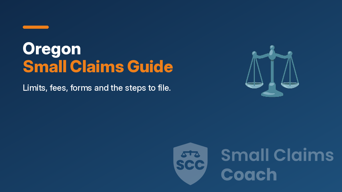 Navy cover with the title Oregon Small Claims Guide, a scales icon and the Small Claims Coach shield