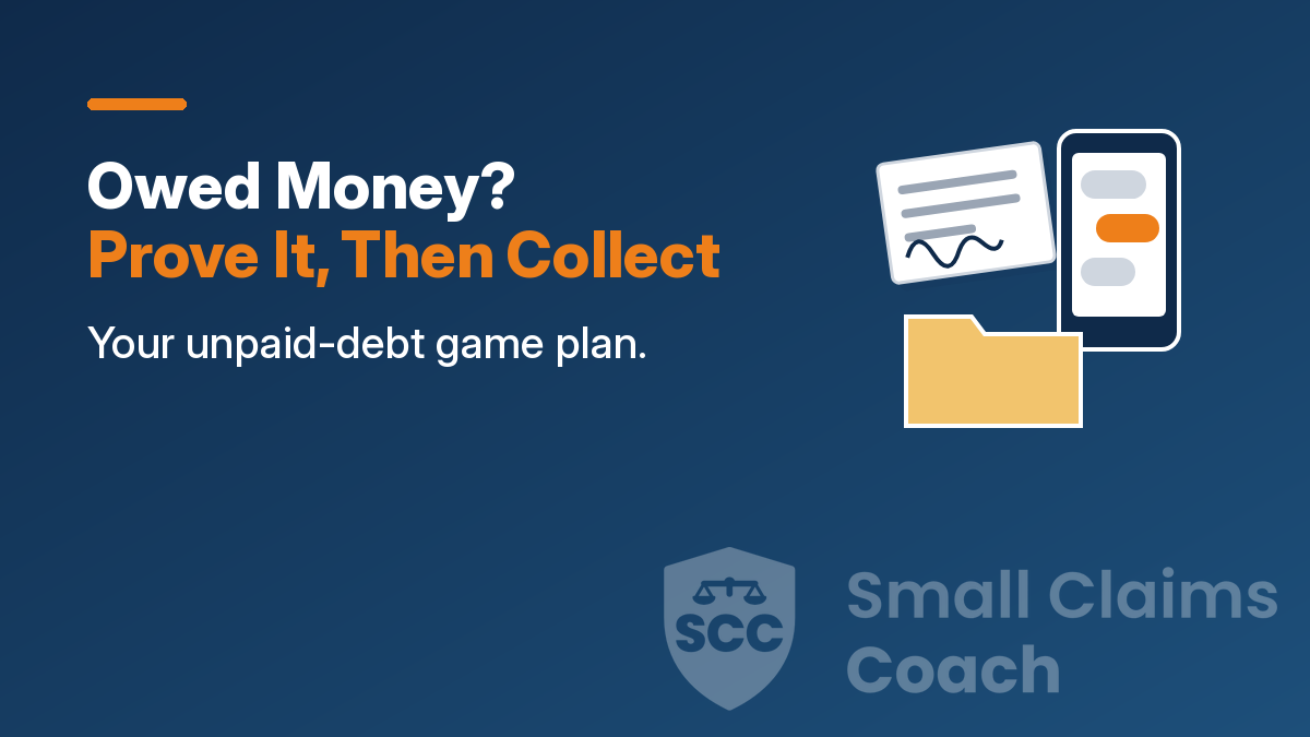 Illustration of a signed note, a phone with chat bubbles and a case folder with the words Owed Money? Prove It, Then Collect