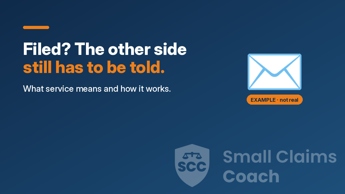 Illustration of an envelope with the words Filed? The other side still has to be told, on a navy background with the Small Claims Coach shield