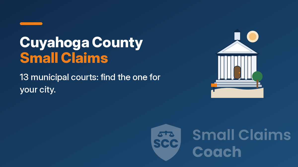 Navy cover with a drawn generic courthouse and the words Cuyahoga County Small Claims, 13 municipal courts: find the one for your city