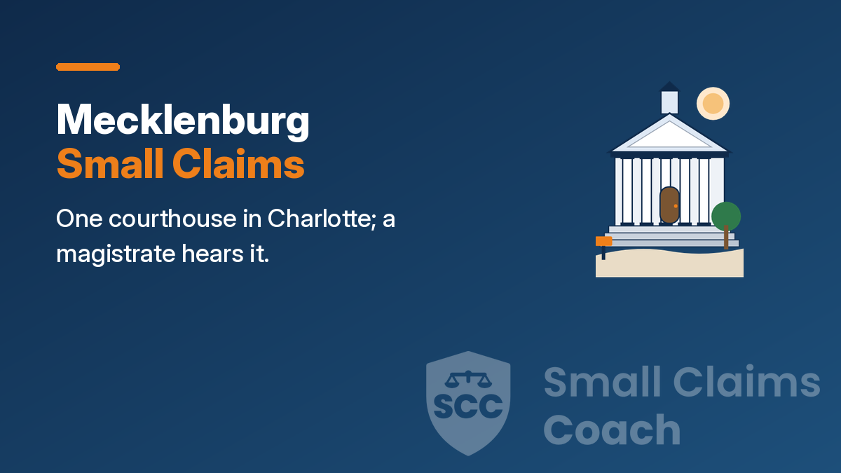 Navy cover with a drawn generic courthouse and the words Mecklenburg Small Claims, One courthouse in Charlotte; a magistrate hears it