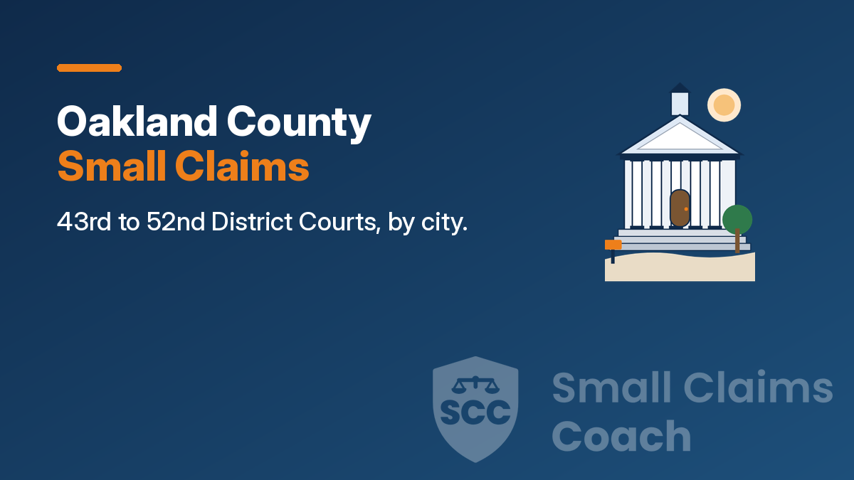 Navy cover with a drawn generic courthouse and the words Oakland County Small Claims, 43rd to 52nd District Courts, by city