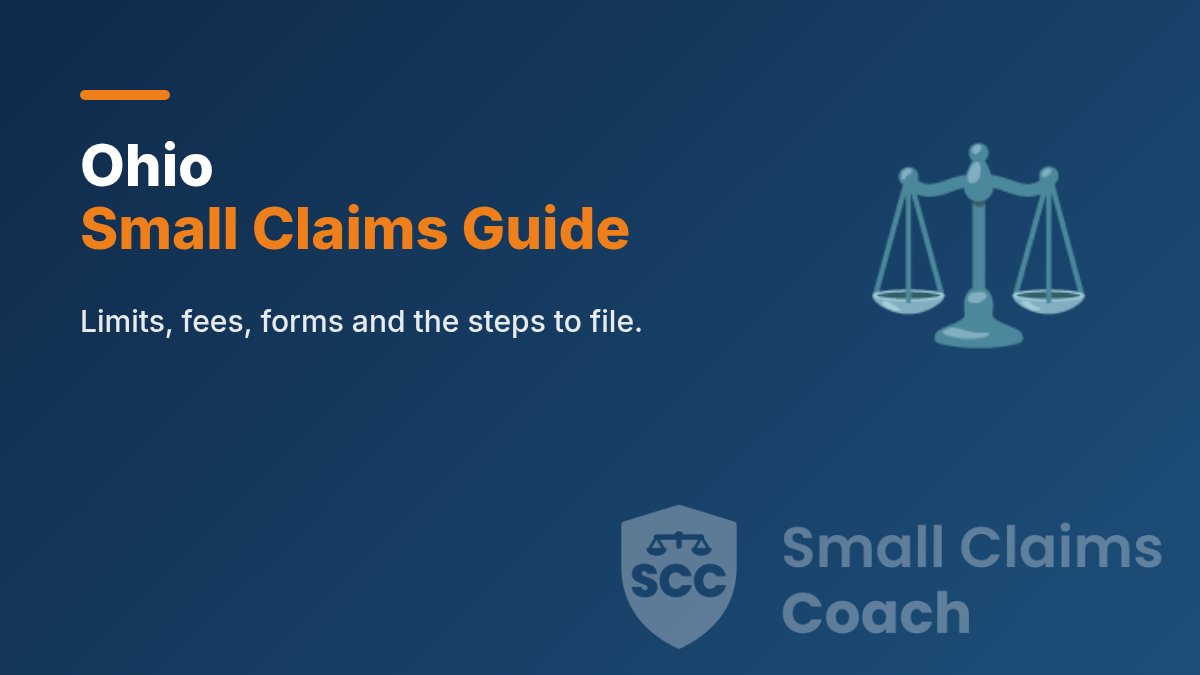 Navy Small Claims Coach cover reading Ohio Small Claims Guide in white and orange, with a balance-scales illustration and the Small Claims Coach shield.
