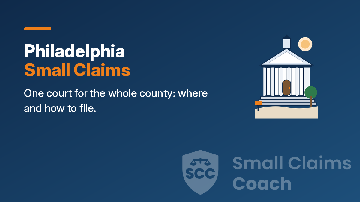 Navy cover with a drawn generic courthouse and the words Philadelphia Small Claims, One court for the whole county: where and how to file