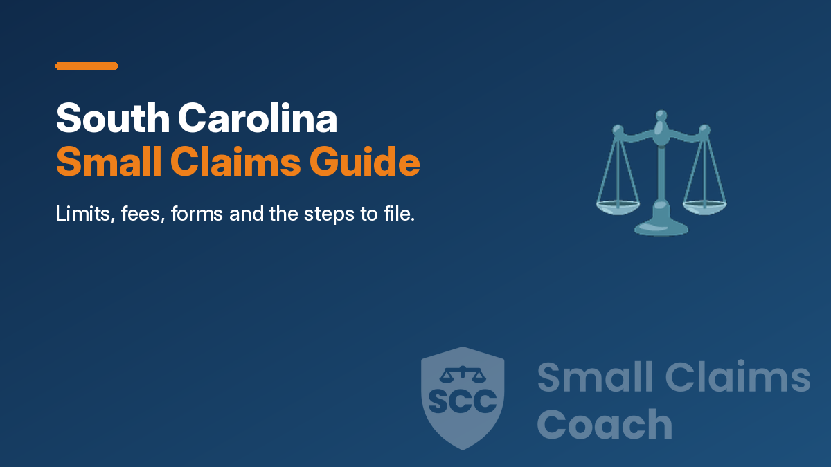 Navy cover with the title South Carolina Small Claims Guide, a scales icon and the Small Claims Coach shield