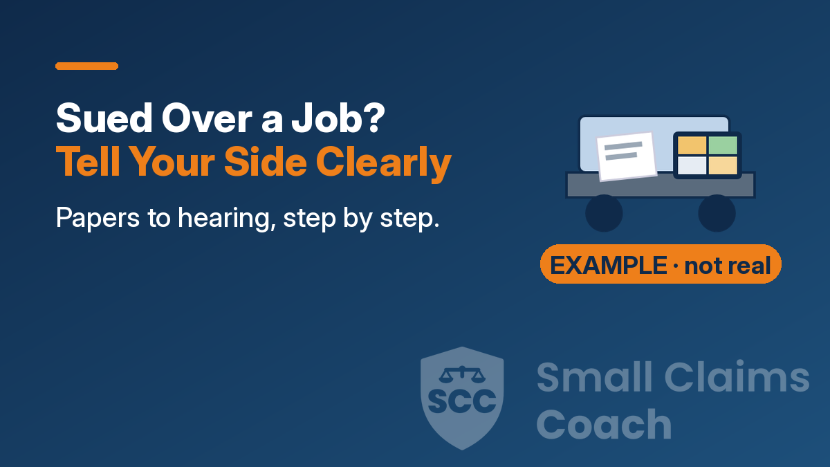Cover: 'Sued Over a Job? Tell Your Side Clearly', subtitle Papers to hearing, step by step, beside a truck tailgate with papers and a tablet of job photos, marked EXAMPLE · not real
