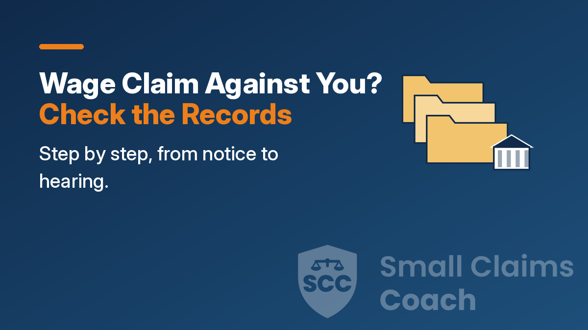 Cover: 'Wage Claim Against You? Check the Records' beside three stacked folders and a small courthouse