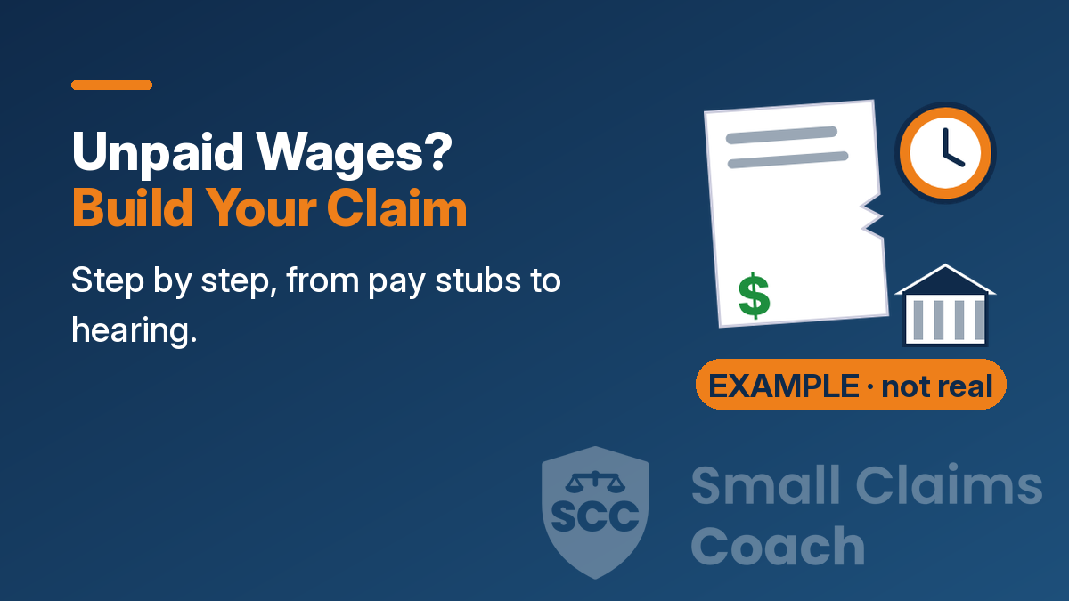 Cover: 'Unpaid Wages? Build Your Claim' beside a pay stub with a torn gap, a clock and a small courthouse, marked EXAMPLE · not real