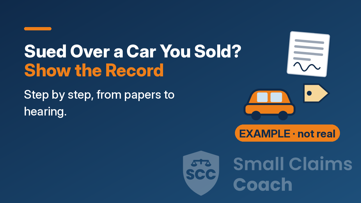 Cover: 'Sued Over a Car You Sold? Show the Record' beside an orange car, a sale tag and a signed bill of sale, marked EXAMPLE · not real