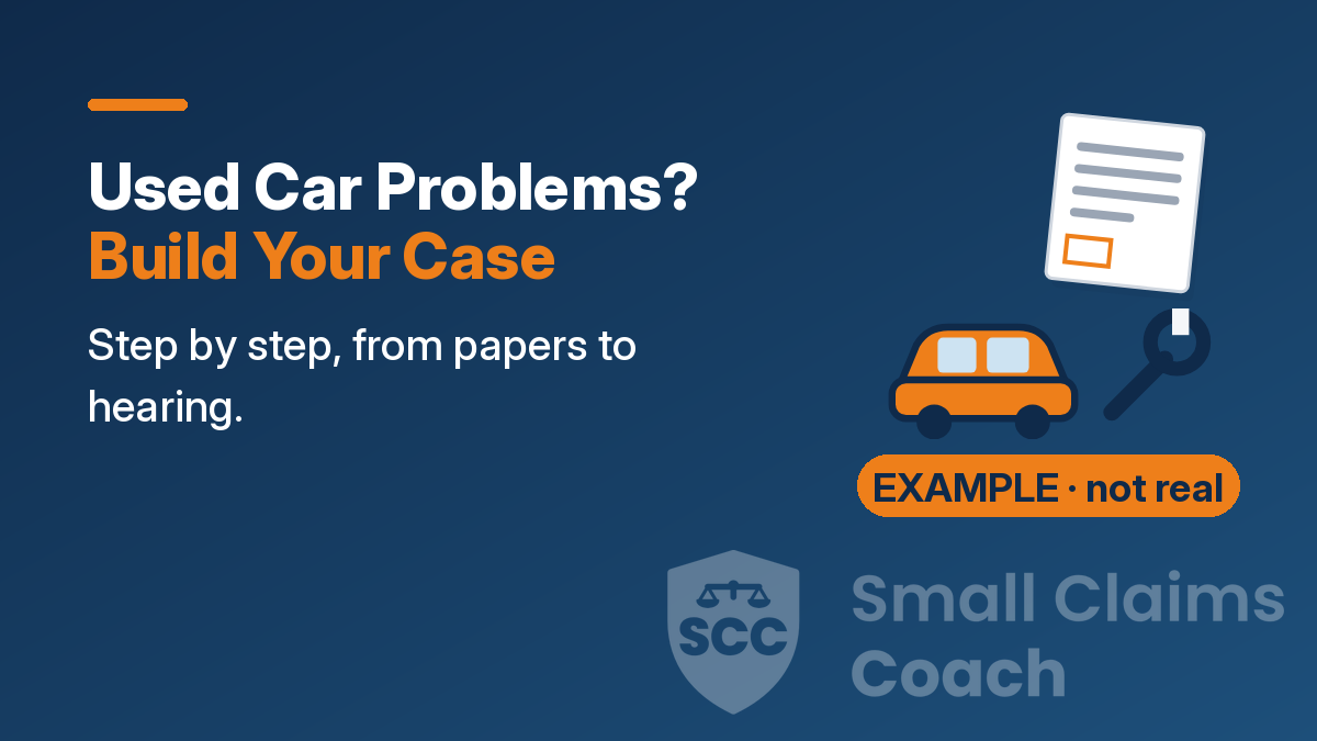Cover: 'Used Car Problems? Build Your Case' beside an orange car, a wrench and a paper with an orange box, marked EXAMPLE · not real