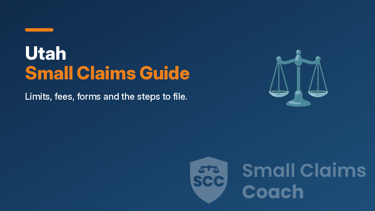 Navy cover with the title Utah Small Claims Guide, a scales icon and the Small Claims Coach shield