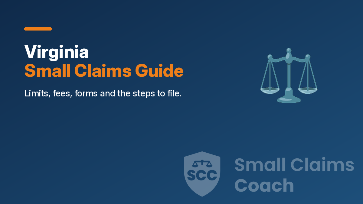 Navy cover with the title Virginia Small Claims Guide, a scales icon and the Small Claims Coach shield