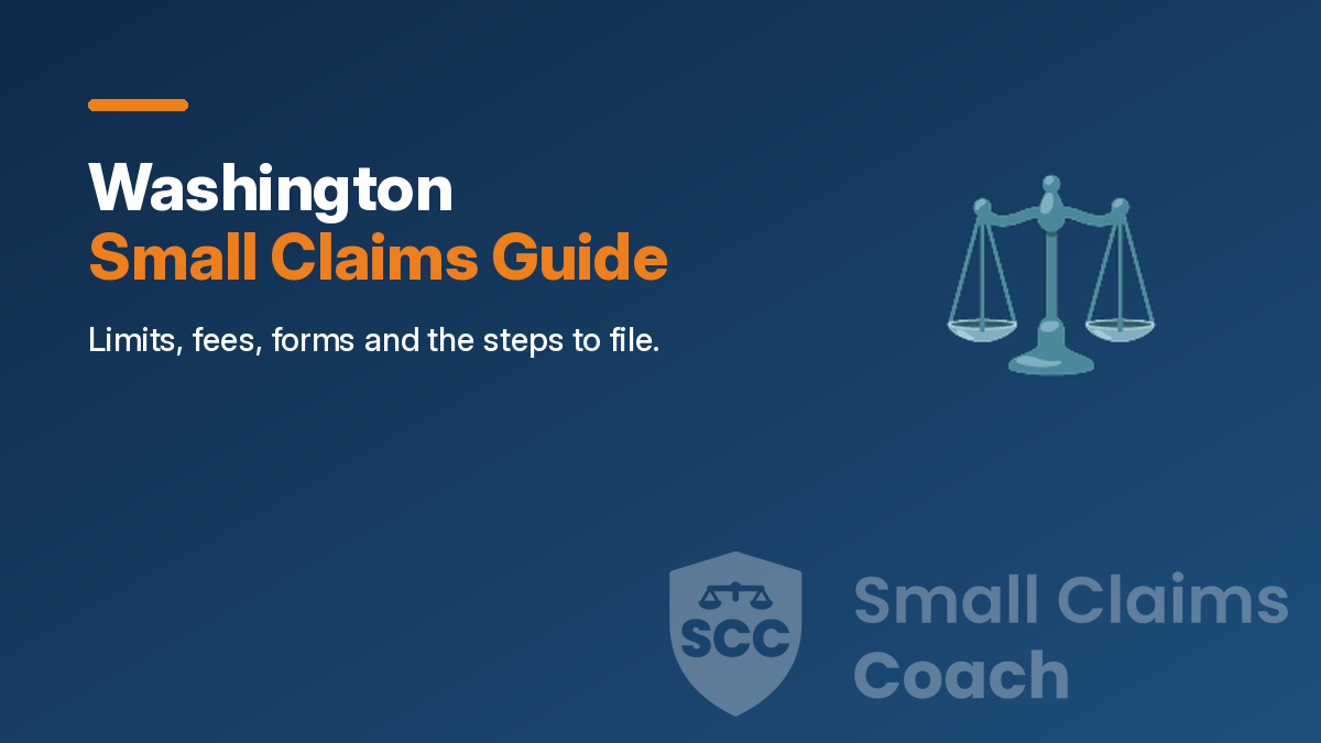 Navy cover with the title Washington Small Claims Guide, a scales icon and the Small Claims Coach shield