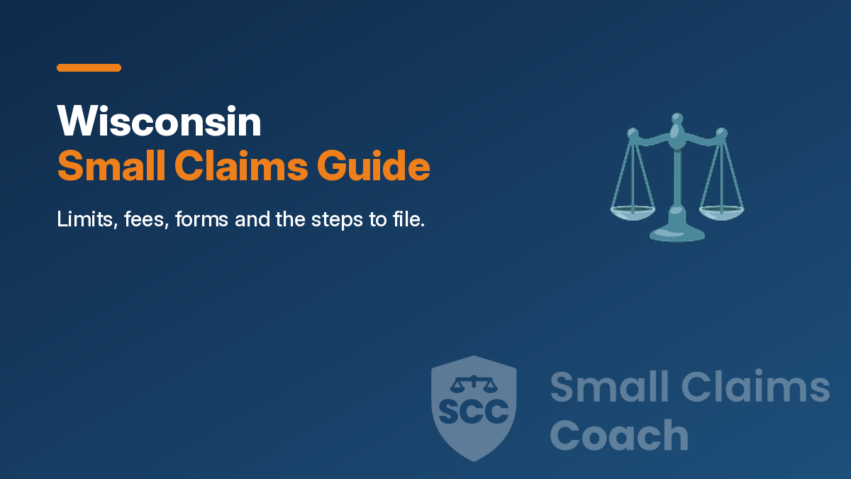 Navy cover with the title Wisconsin Small Claims Guide, a scales icon and the Small Claims Coach shield