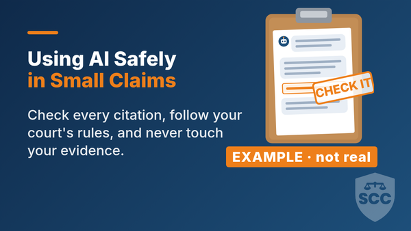 Illustrated coach's clipboard holding an AI chat printout stamped Check it and labelled Example, not real, beside the title Using AI Safely in Small Claims.