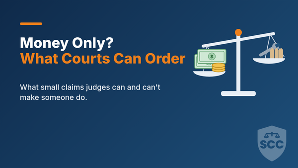 Balance scale tipping toward a stack of cash and coins, away from a wrench and fence boards, with the words Money only? What courts can order