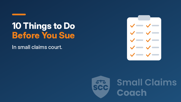 Illustration of a white clipboard with ten orange check marks on a navy gradient, with the words 10 Things to Do Before You Sue