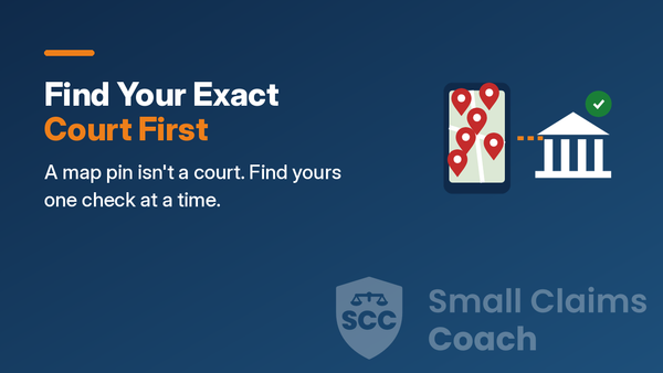 Cover illustration of a phone map full of pins with a dotted line to one courthouse with a check mark, with the words Find Your Exact Court First