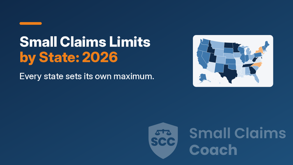 Dark blue cover titled Small Claims Limits by State: 2026, with a small US map shaded in blues and orange stripes.