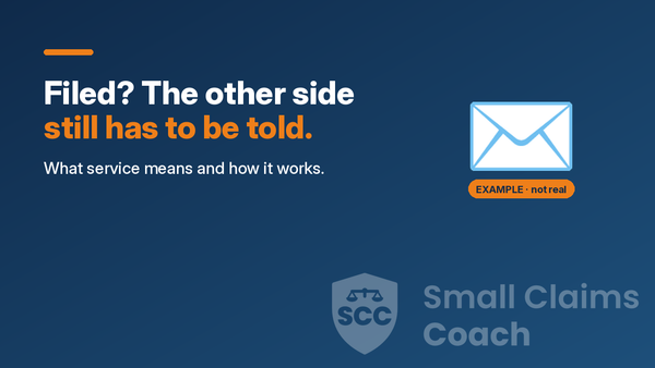 Illustration of an envelope with the words Filed? The other side still has to be told, on a navy background with the Small Claims Coach shield