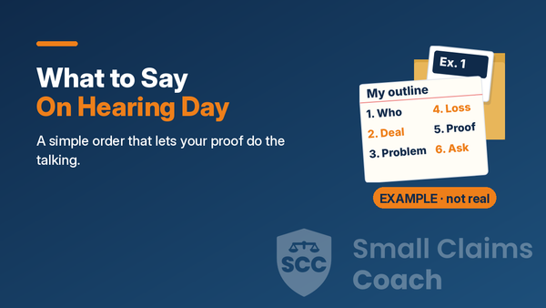 Illustration of a hearing outline card and labeled exhibit folder with the words What to Say On Hearing Day