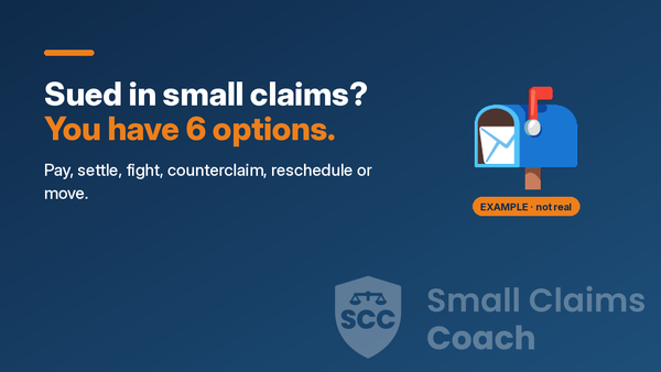 Illustration of court papers in a mailbox with the words Sued in small claims? You have 6 options, on a navy background with the Small Claims Coach shield