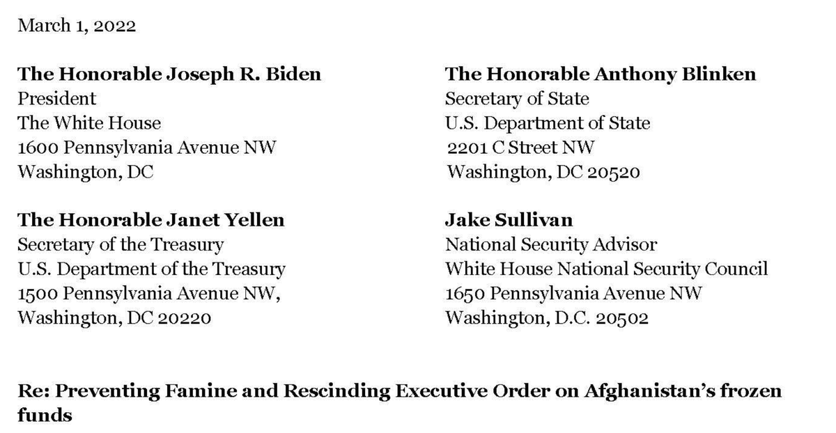 Sign-On Letter: Preventing Famine and Rescinding Executive Order on Afghanistan’s frozen funds