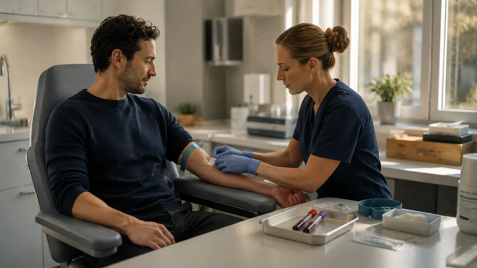 A phlebotomist taking a blood sample from a man seated in a clinic chair, with filled tubes on the tray beside them.