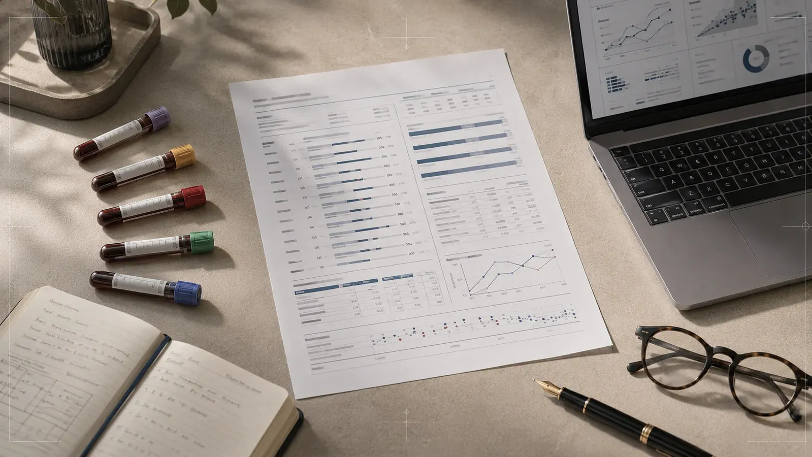 Five capped blood collection tubes beside a printed laboratory report, a notebook, reading glasses and a laptop.