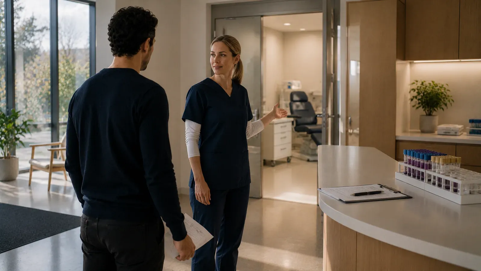A man arriving at a clinic, a nurse showing him through to the sampling room, racks of blood tubes on the counter.