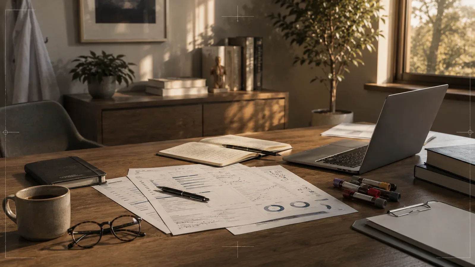 A wooden desk with laboratory result sheets, blood tubes, an open notebook, a laptop and a clipboard in warm afternoon light.