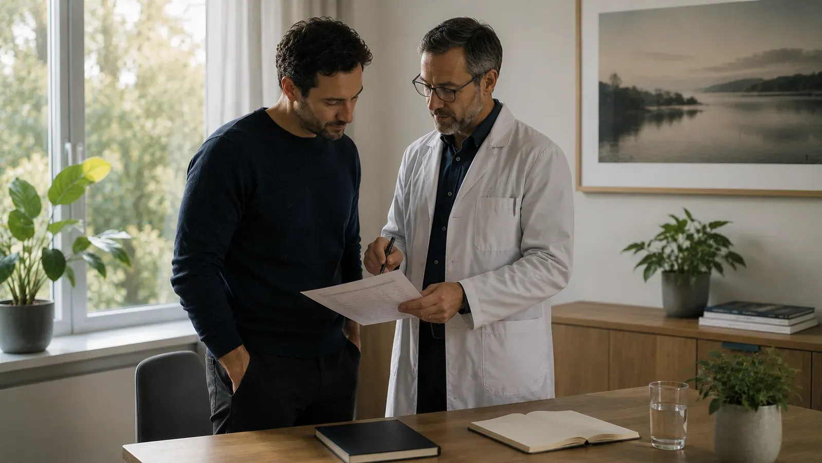 A doctor and a man standing at a table, reading a printed laboratory result together.