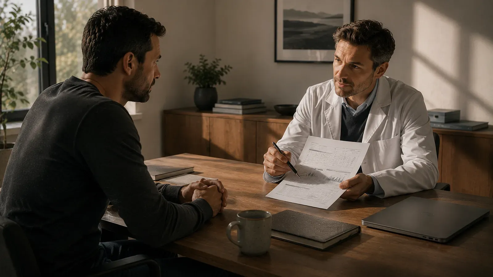 A doctor showing a printed blood test result to a man sitting across the desk.