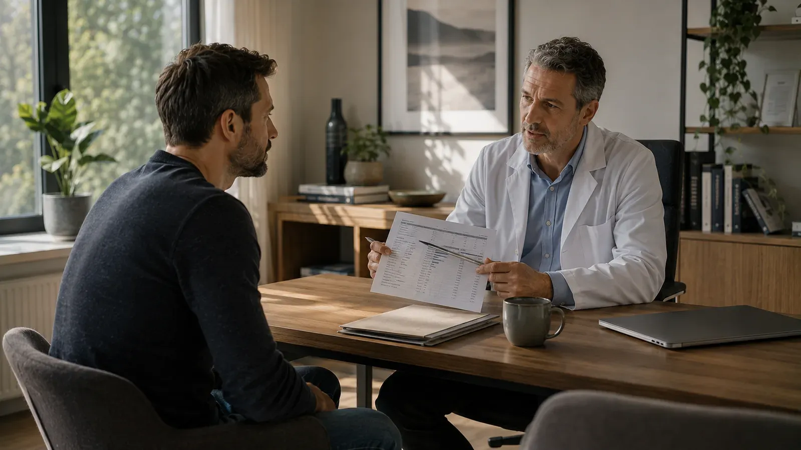 A doctor at a desk showing a printed blood test result to a man sitting opposite.