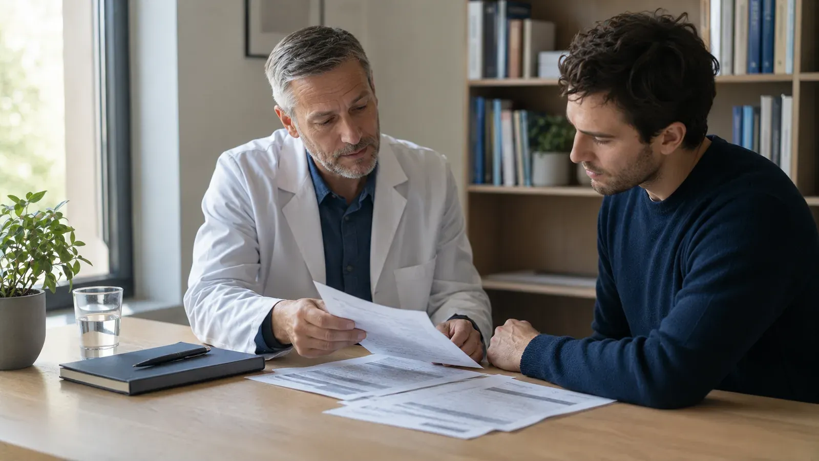 A doctor and a man sitting together at a desk, reading a printed laboratory report.